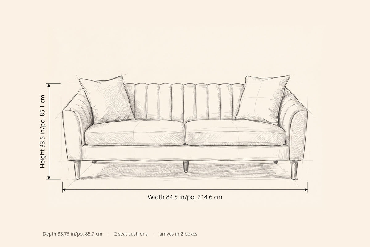 Prato sofa dimensions: 84.5 in wide, 33.5 in high, 33.75 in deep