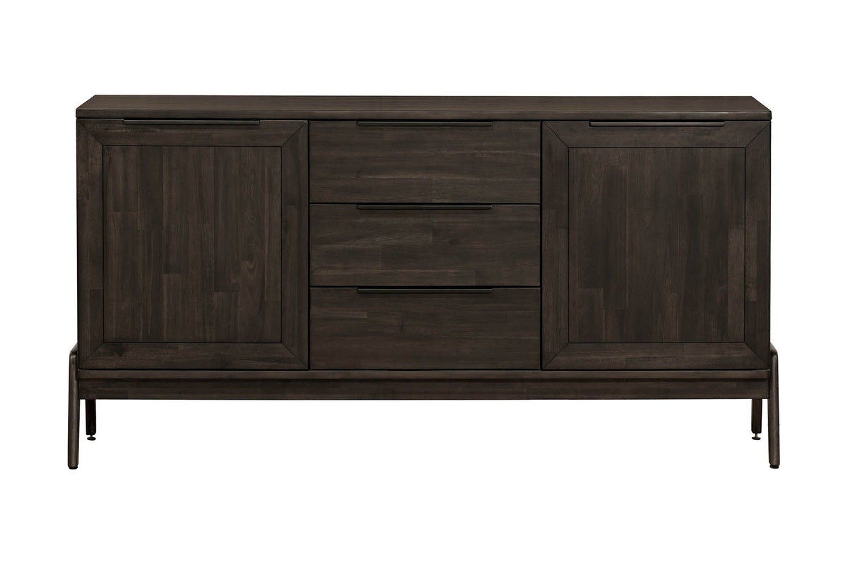 Prescott antique black sideboard, front view with three drawers and two doors
