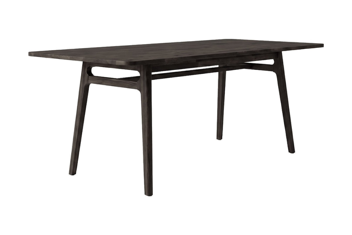 Prescott antique black solid acacia dining table, three-quarter view