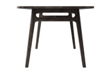 Prescott antique black dining table, end view showing the stretcher frame