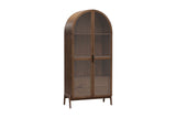 Prescott arched glass door display cabinet in brown, three-quarter view