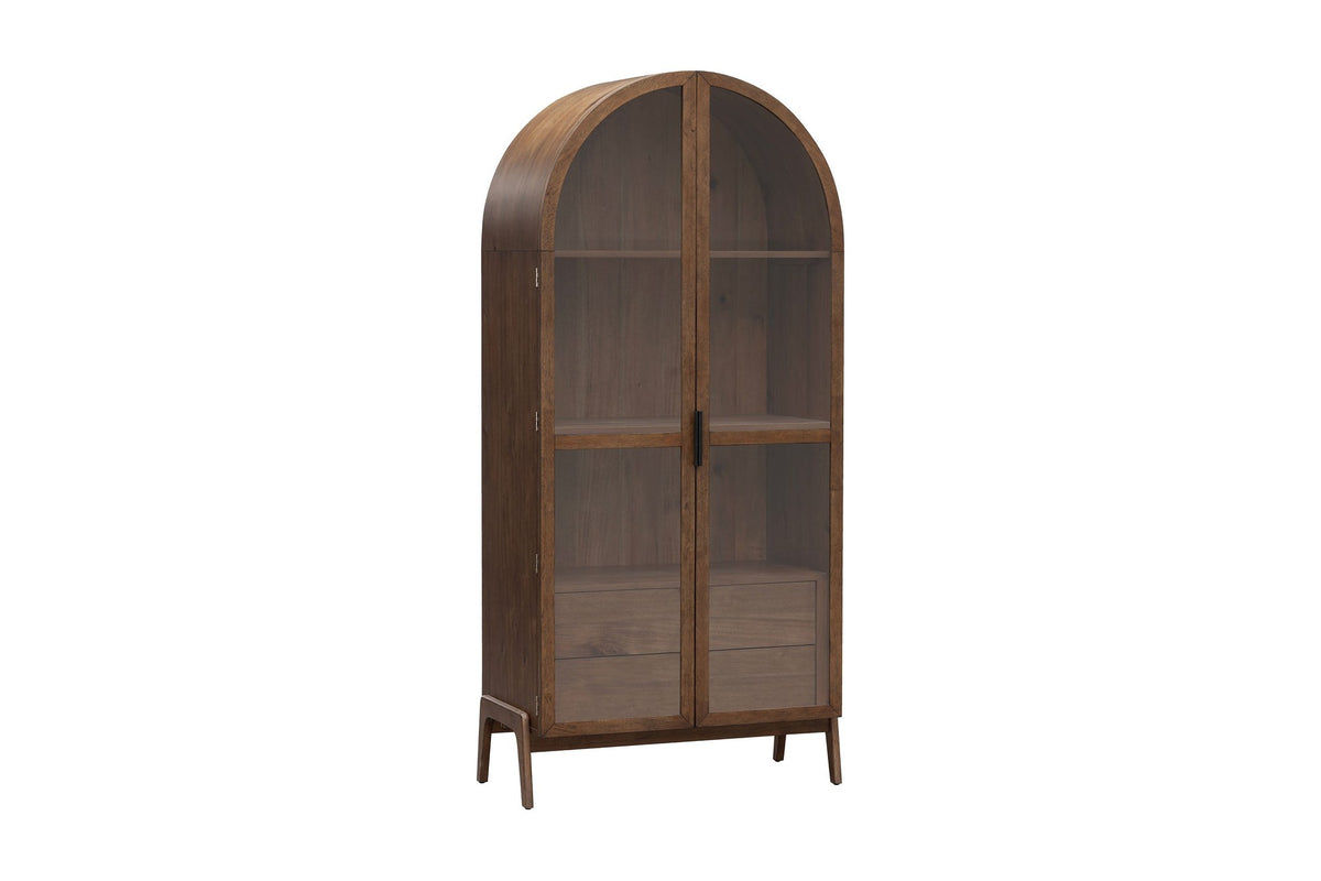 Prescott arched glass door display cabinet in brown, three-quarter view