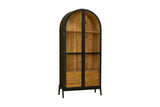 Prescott arched glass door display cabinet in black with natural acacia interior, three-quarter view