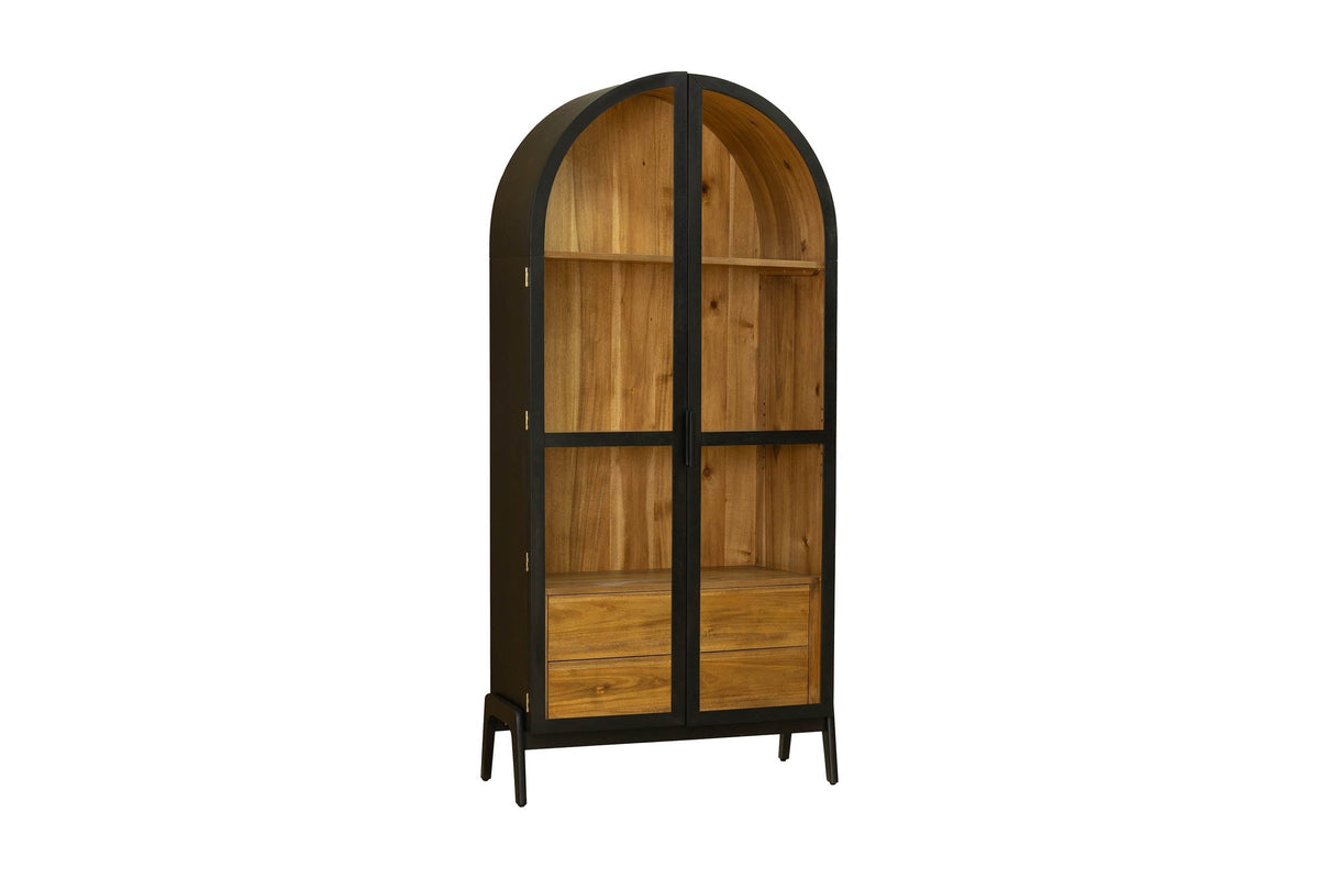 Prescott arched glass door display cabinet in black with natural acacia interior, three-quarter view