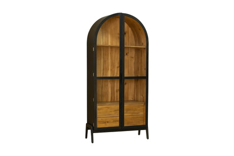 Prescott arched glass door display cabinet in black with natural acacia interior, three-quarter view