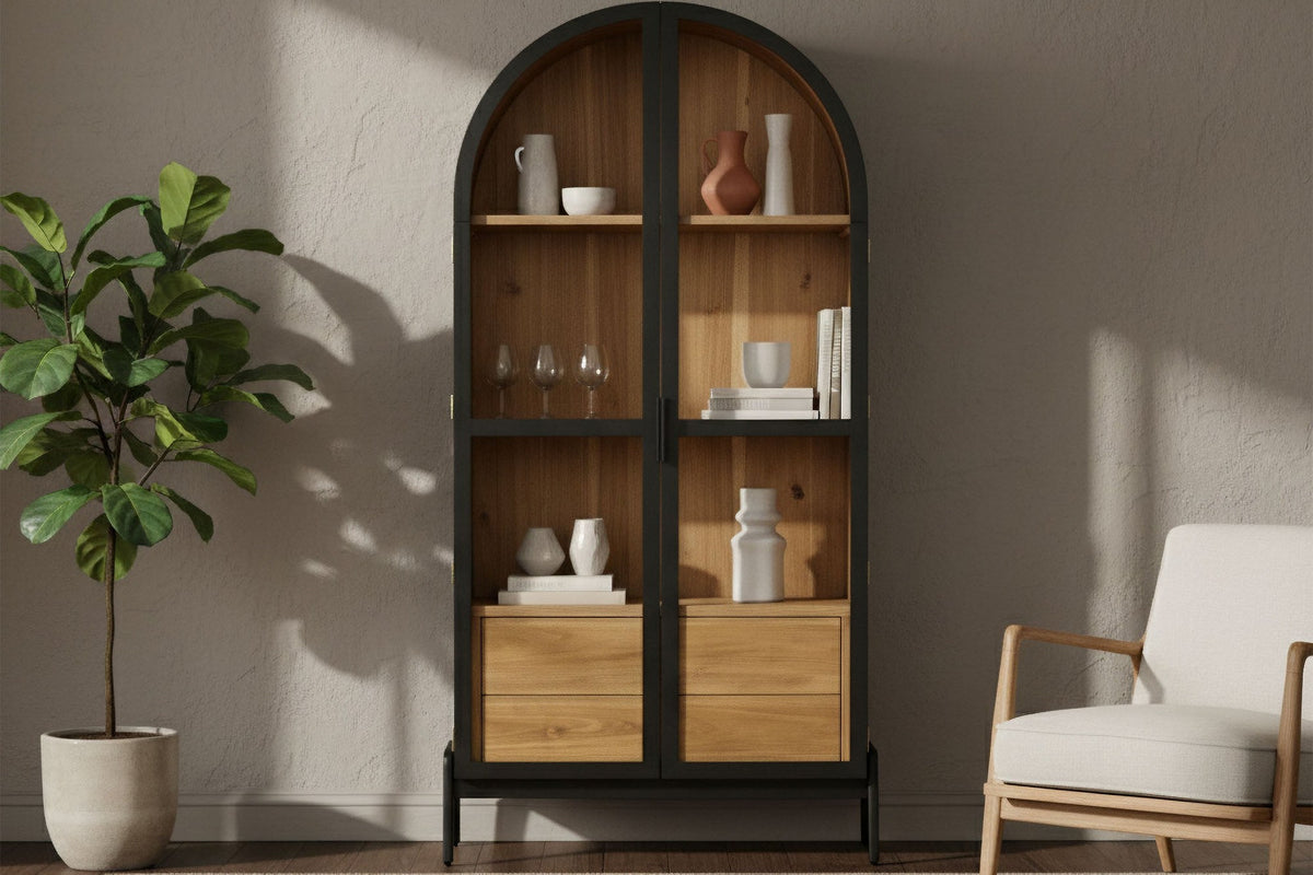 Prescott black arched display cabinet with a natural acacia interior in a living room