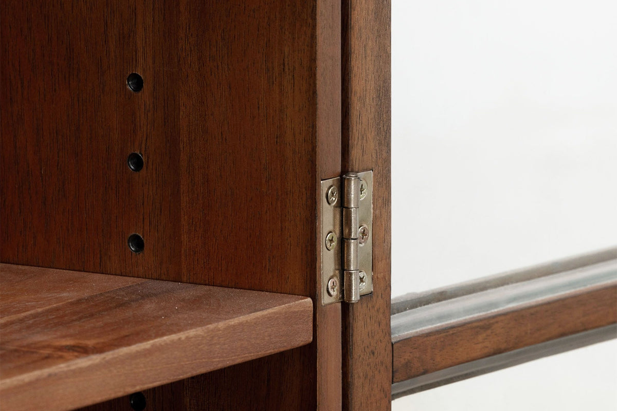 Prescott brown cabinet close-up of shelf pin holes, hinge and glass door