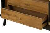 Prescott black cabinet with natural acacia drawers open