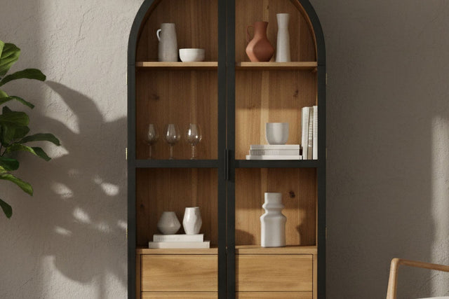 Prescott Arched Glass Door Display Cabinet - Brown or Black Finish