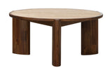 Prescott round coffee table with travertine-look ceramic top and brown acacia legs, three-quarter view