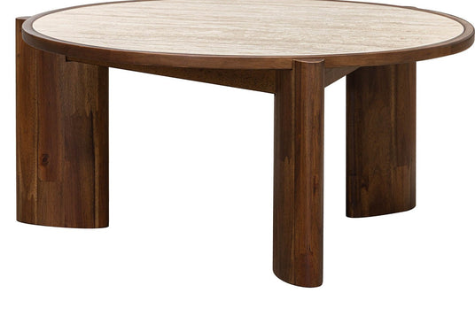 Prescott Ceramic Travertine Round Coffee Table - Rounded Acacia Legs