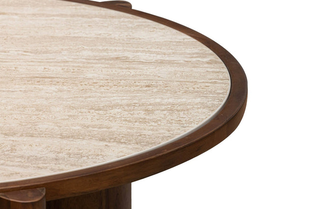 Prescott Ceramic Travertine Round Coffee Table - Brown Rubber Wood Rim