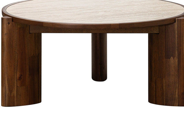 Prescott Ceramic Travertine Round Coffee Table - Solid Acacia Legs