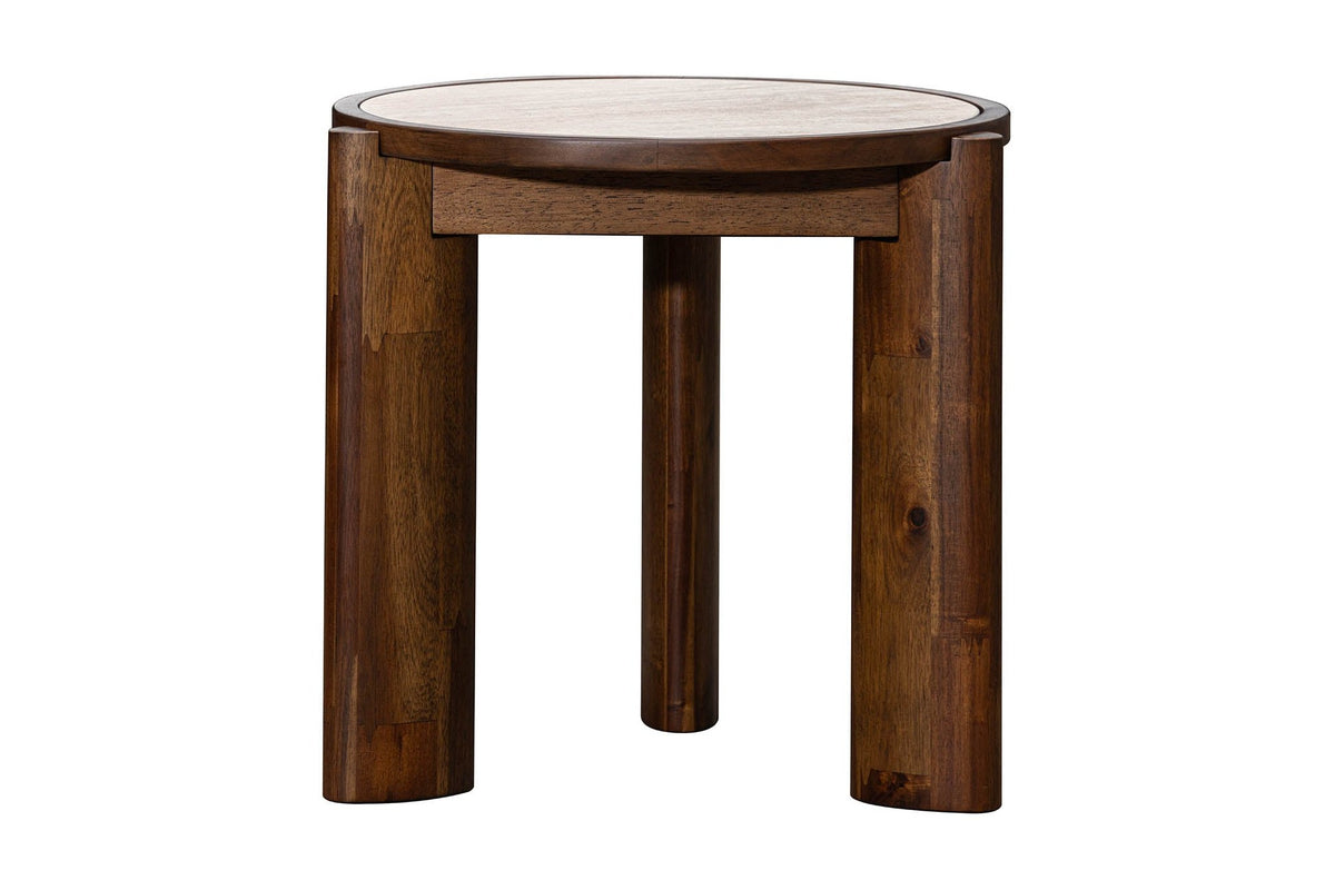Prescott round side table with travertine-look ceramic top and brown acacia legs, front view