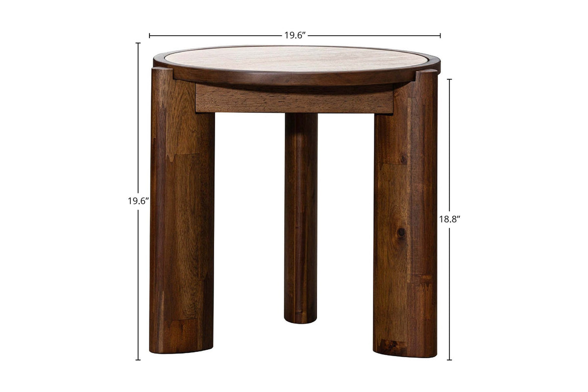 Prescott round side table dimensions in inches, 19.6 in across and 19.6 in high