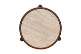 Prescott round side table, top view of the travertine-look ceramic surface