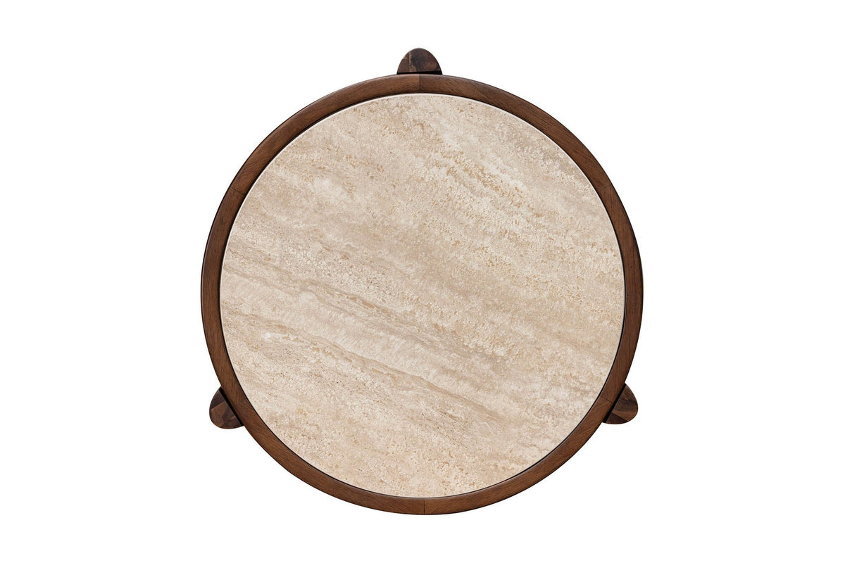 Prescott round side table, top view of the travertine-look ceramic surface