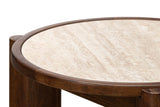 Prescott side table close-up of the ceramic top, brown rim and apron