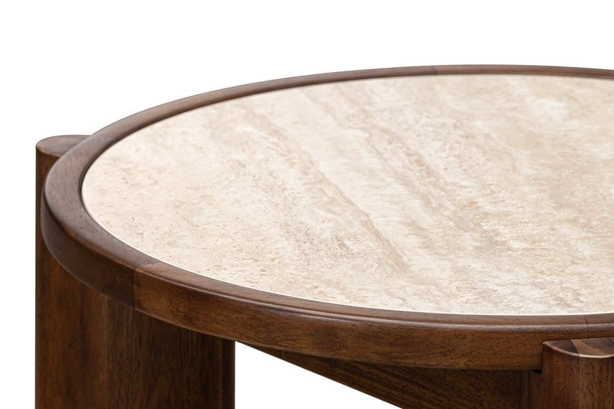 Prescott side table close-up of the ceramic top, brown rim and apron