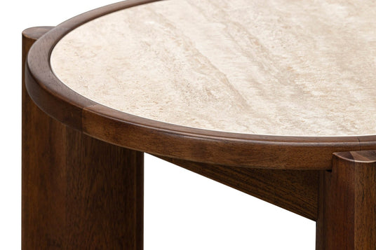 Prescott Ceramic Travertine Round Side Table - Warm Wood Details
