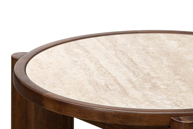 Prescott Ceramic Travertine Round Side Table - Brown Rubber Wood Rim