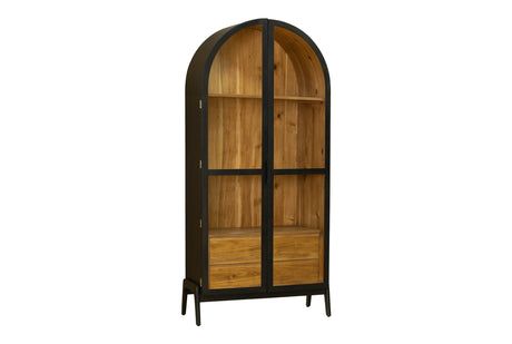Prescott glass display cabinet in Black, three-quarter view on a white background: a black arched frame and black door frames