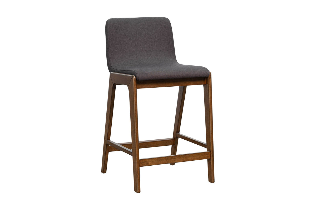 Prescott grey fabric counter stool with Estelle Brown rubber wood frame, three-quarter view