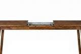 The Prescott table in Brown with its two ends pulled apart, showing the metal slides under the top before the leaf is unfolded
