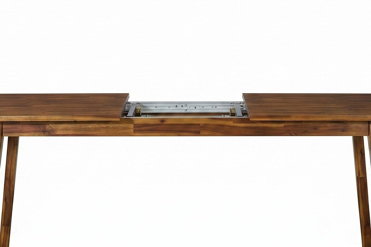 The Prescott table in Brown with its two ends pulled apart, showing the metal slides under the top before the leaf is unfolded