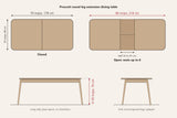 Prescott extension dining table dimensions: 70 in closed and 86 in open with the 16 in leaf, 35 in wide, 30 in high, four round tapered legs