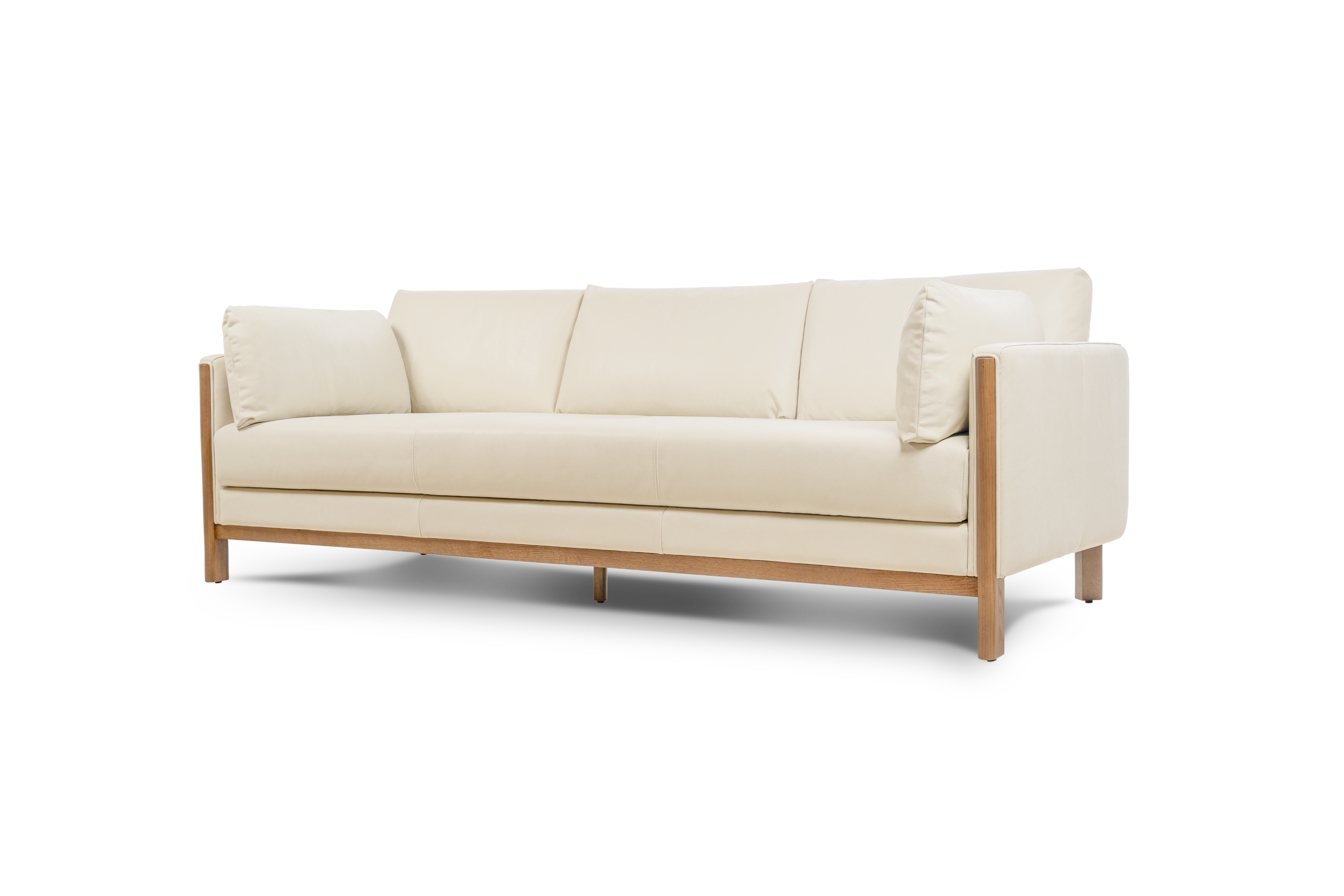 Matera Leather Three Seats Sofa with Wooden Legs, Beige