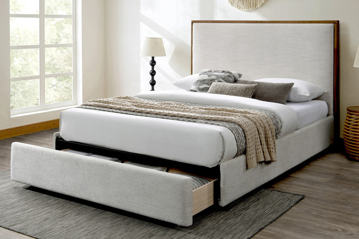 Quinn Queen platform bed in oat fabric with drawer open in a bright bedroom