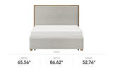 Quinn Queen platform bed in oat fabric, front view with dimensions