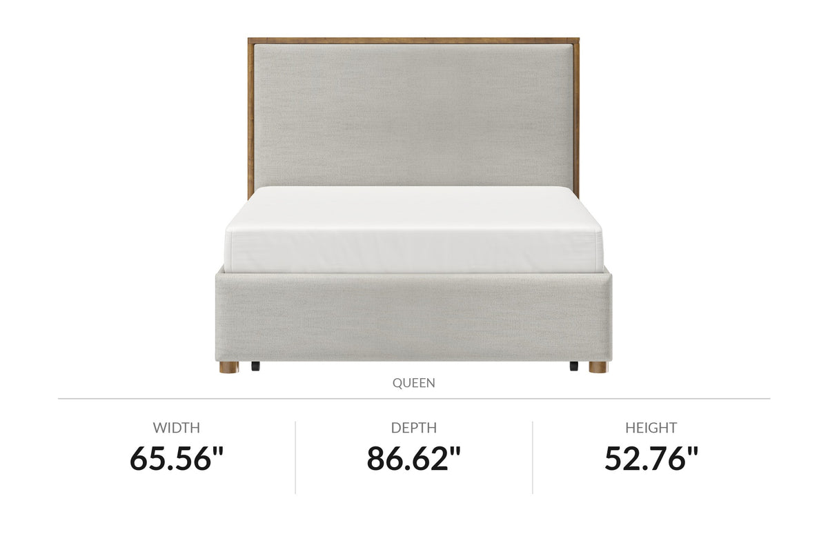 Quinn Queen platform bed in oat fabric, front view with dimensions