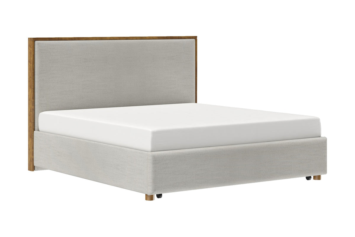 Quinn King platform bed in oat fabric, three-quarter view with mattress
