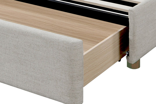 Quinn Oat Fabric Platform Bed with Storage Drawer - Storage Built Into the Footboard