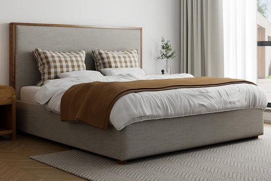 Quinn Oat Fabric Platform Bed with Storage Drawer - Sized for Queen or King