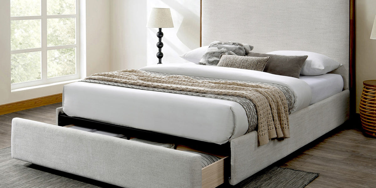 Quinn Oat Fabric Platform Bed with Storage Drawer
