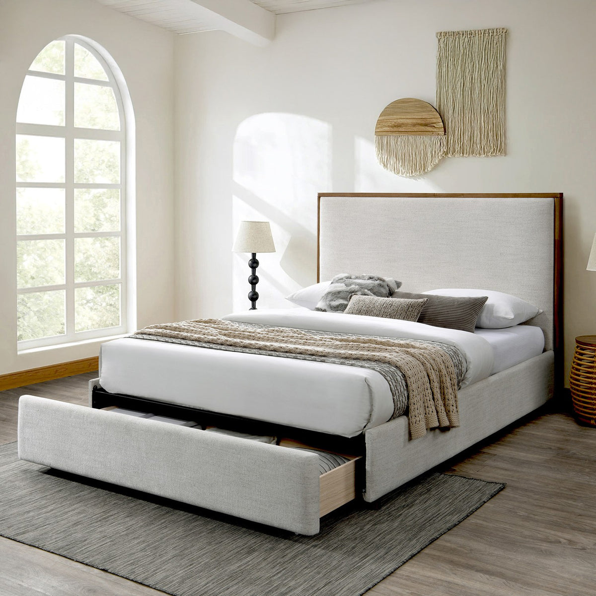 Quinn Oat Fabric Platform Bed with Storage Drawer