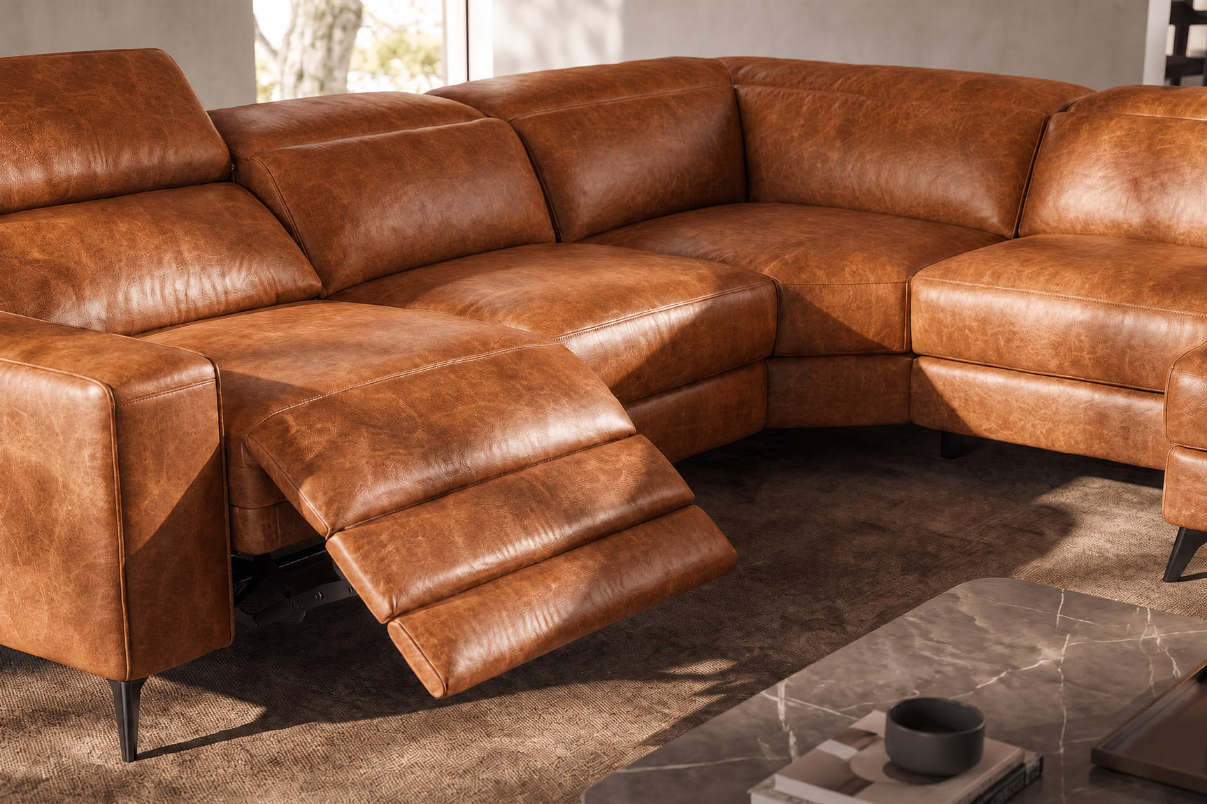 Esther Distressed Italian Aniline Leather Corner Recliner Sectional Sofa