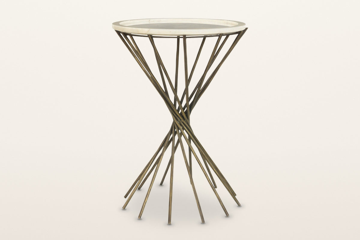 Rango side table, front view on a warm white studio backdrop: the round tray top on a thin ring