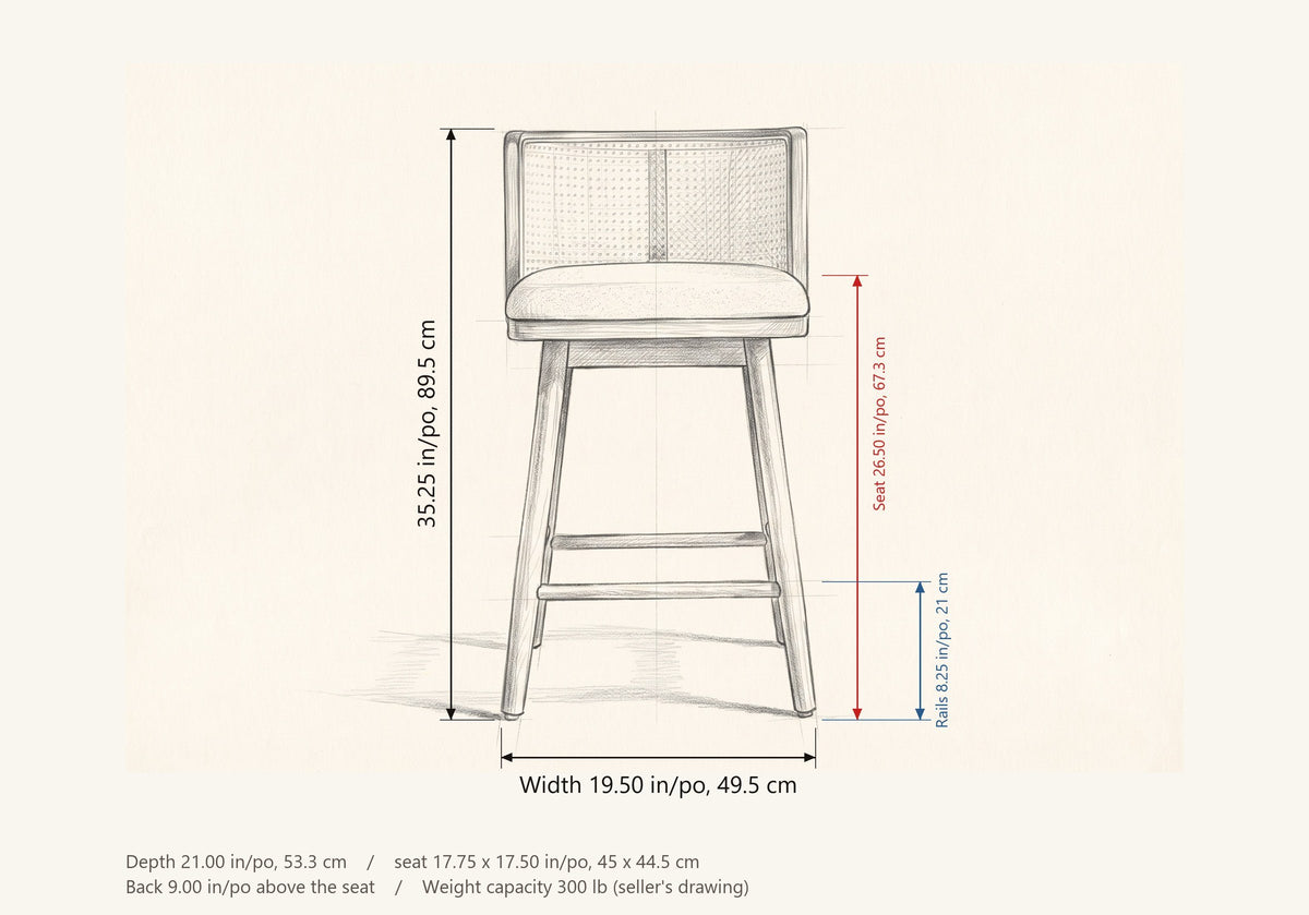 Rasiglia dimensions: 19.5 in wide, 35.25 in high, 21 in deep, seat height 26.5 in, rails at 8.25 in