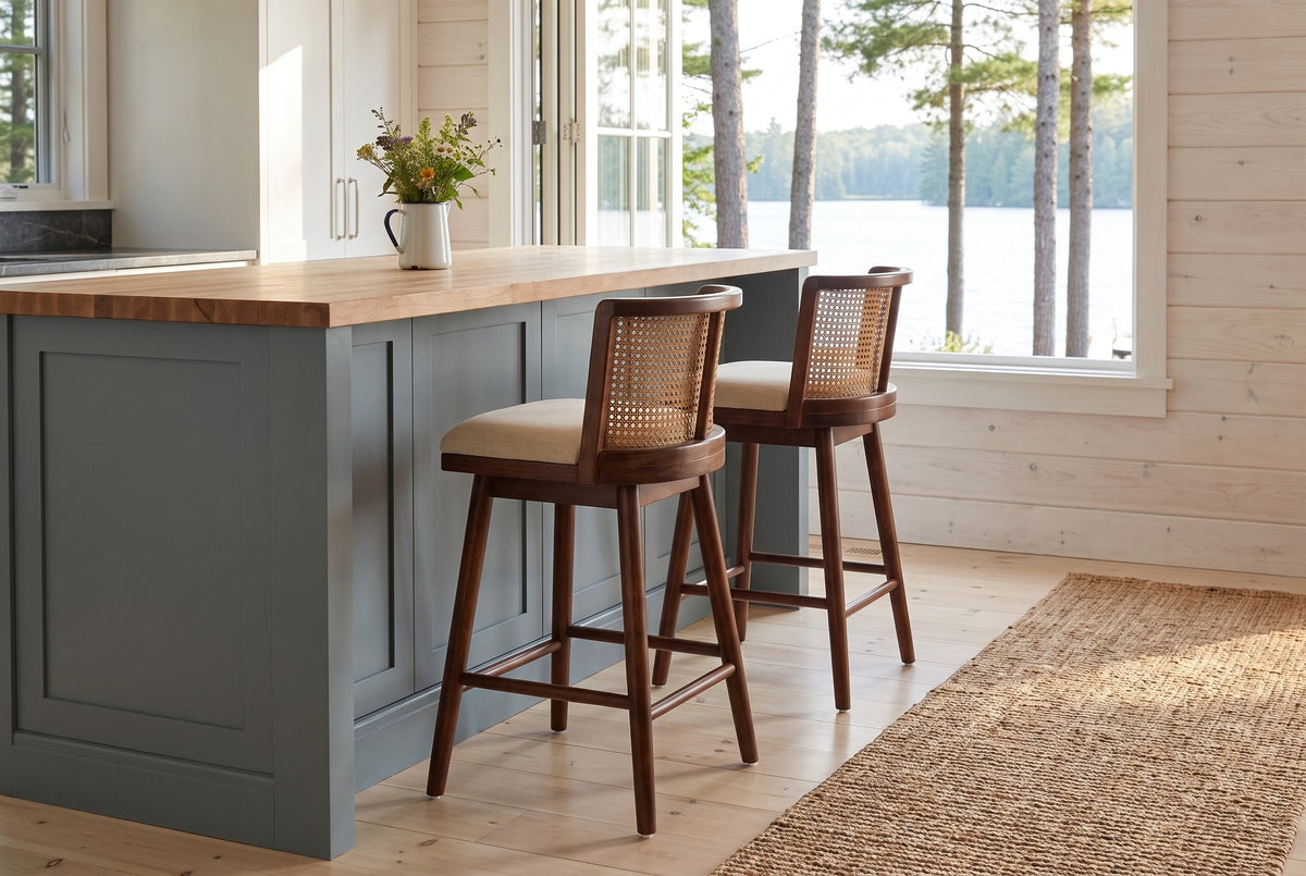 Two Rasiglia counter stools at a grey-blue island with a butcher-block top in a Muskoka cottage kitchen with a window onto th