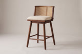 Rasiglia counter stool with a dark walnut rubberwood frame, a cane-look back panel and a beige seat