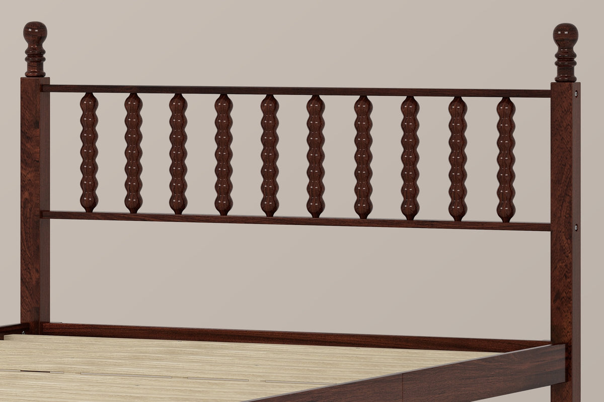 Close-up of the Ravenna headboard in Walnut: ten turned bobbin spindles between two posts with ball finials