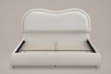 Recanati cloud bed in beige chenille, straight front view: wavy headboard with a rolled border, rounded rails