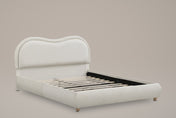 Recanati cloud bed in beige chenille, three-quarter view of the bare frame with wood slats on a warm grey studio backdrop