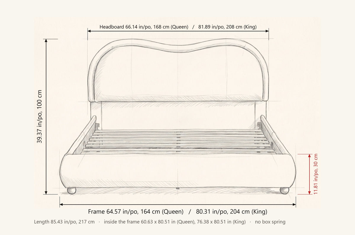 Recanati bed dimensions: frame 64.57 in wide (Queen) or 80.31 in (King), headboard 66.14 or 81.89 in, 39.37 in high