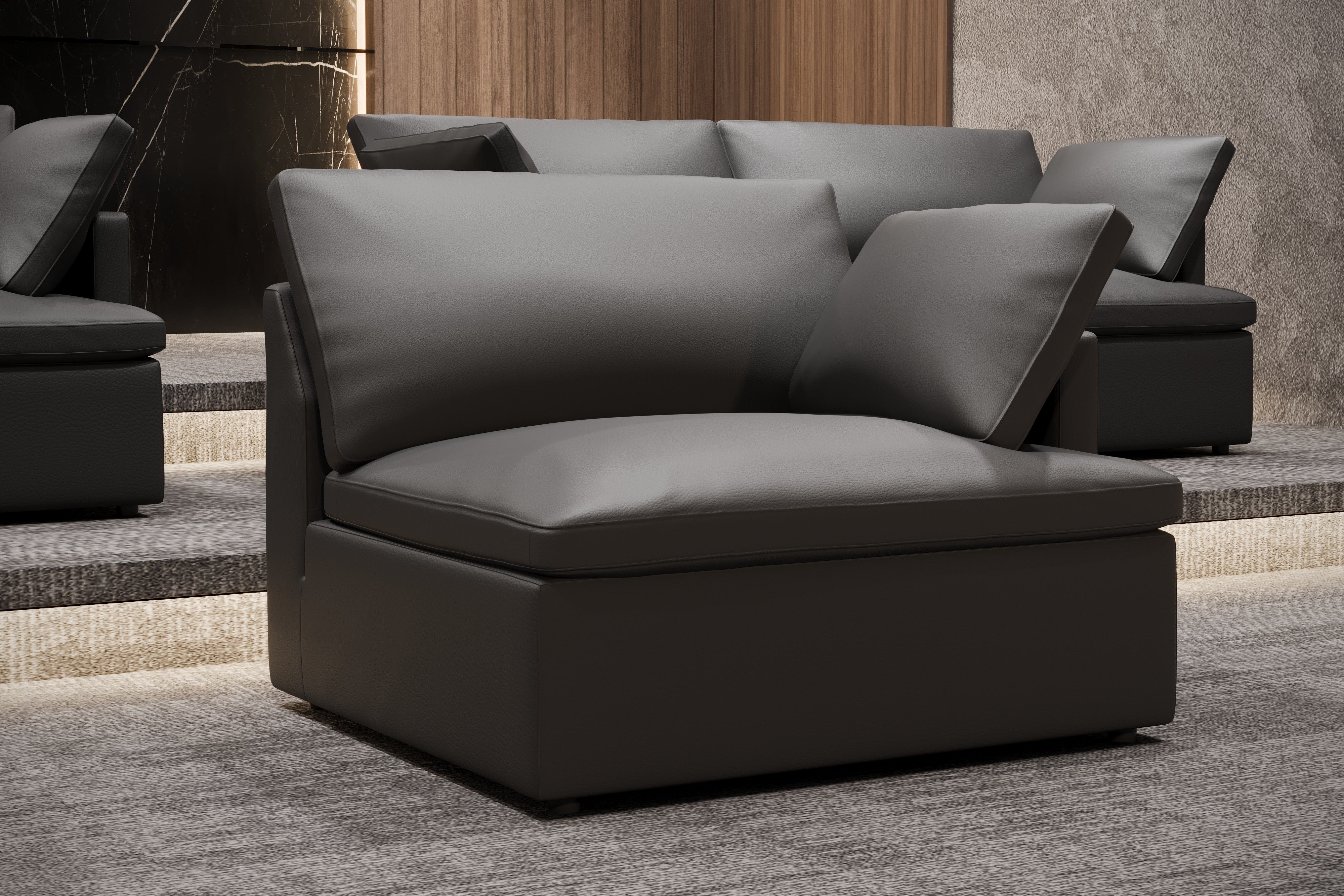 Valencia Isola Cloud Top Grain Leather Theater Lounge Modular Sofa Right Arm Piece, Black Color