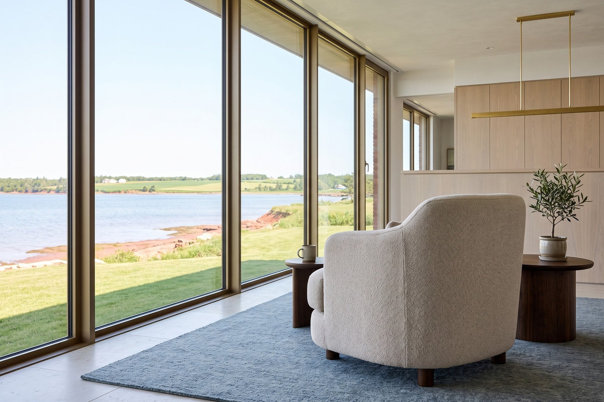 Ripatransone accent chair in Beige seen from behind in a Georgetown harbour house on PEI, with a blue-grey rug